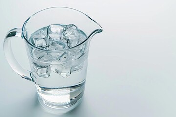A glass pitcher filled with clear water and ice cubes, isolated on white background, perfect for refreshing drink advertisement, copy space