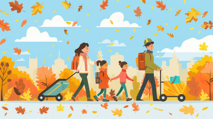 Fototapeta premium Colorful illustration of a family walking through a city park during autumn, surrounded by falling leaves.