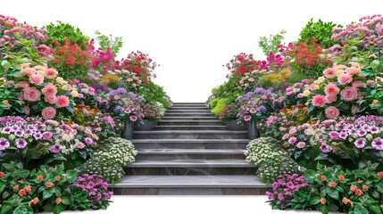 Fototapeta premium A vibrant stone staircase adorned with colorful blooming flowers on either side, creating a beautiful and welcoming garden pathway.