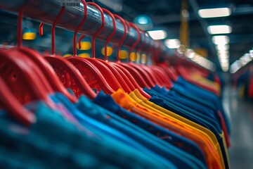 Close-up of a commercial market mall model closet including boutique fashion racks and items hanging against a blurred background with copy space, Generative AI.