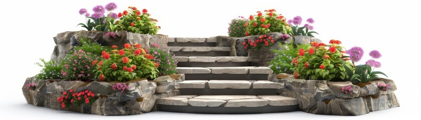 Fototapeta premium Stone steps surrounded by vibrant flower beds, featuring colorful blossoms and lush greenery, perfect for a serene garden setting.