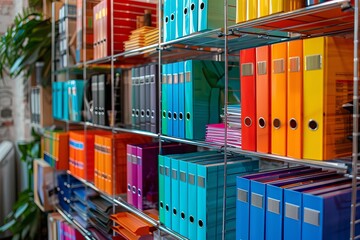 Colorful binders neatly arranged on metal shelves, creating an organized and vibrant office space. Ideal for administrative visuals.
