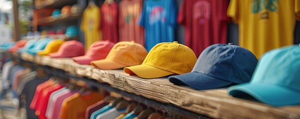 Colorful caps and t-shirts neatly displayed on wooden shelves in an outdoor market, ready for sale on a sunny day.