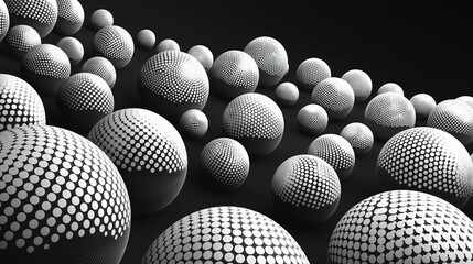 An abstract array of 3D spheres adorned with intricate dot patterns cascading into a dark backdrop, creating a mesmerizing optical illusion