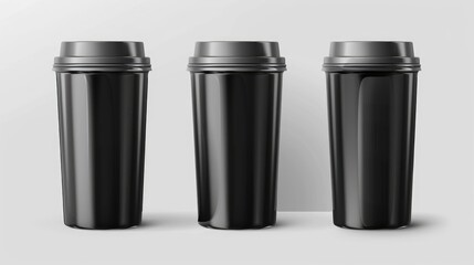 Black clean thermos cup with lid for custom text Transparent background set of three photos