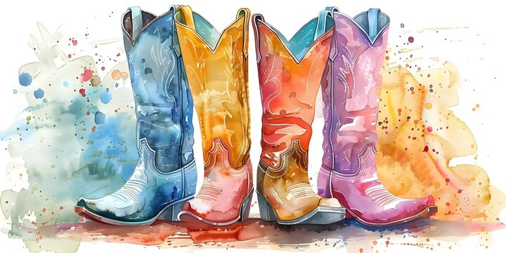 Vibrant Watercolor Cowgirl Boots Clipart for Children's Art Projects and Scrapbooking. Concept Cowgirl Boots, Watercolor Clipart, Children's Art Projects, Scrapbooking, Vibrant Colors
