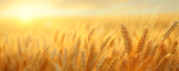 Fototapeta premium Golden wheat field at sunrise with a dreamy, soft focus background. Beautiful, sunlit scene perfect for agricultural and nature themes.