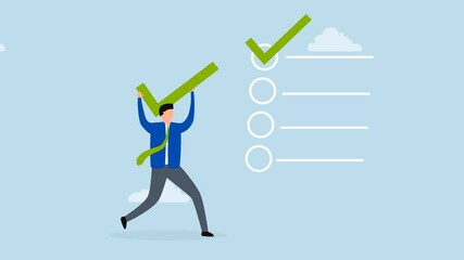 Checklist for completed tasks, 4k animation of businessman who carries big tick put completed project on the right track.