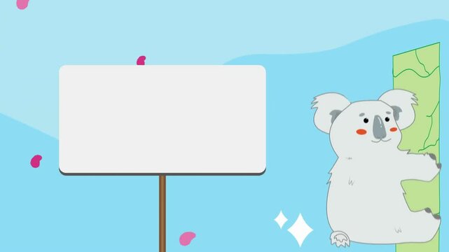 Animation of koala climbing a tree, with white board sign for text background