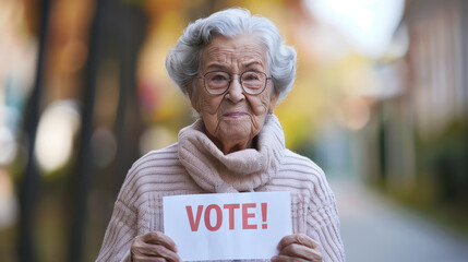Senior woman encouraging people to vote by holding a sign during a political campaign