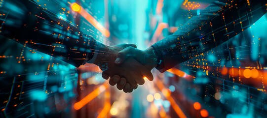 Two business people shaking hands with digital technology in the background, concept of AI and artificial intelligence. blurred blue orange light, futuristic city background