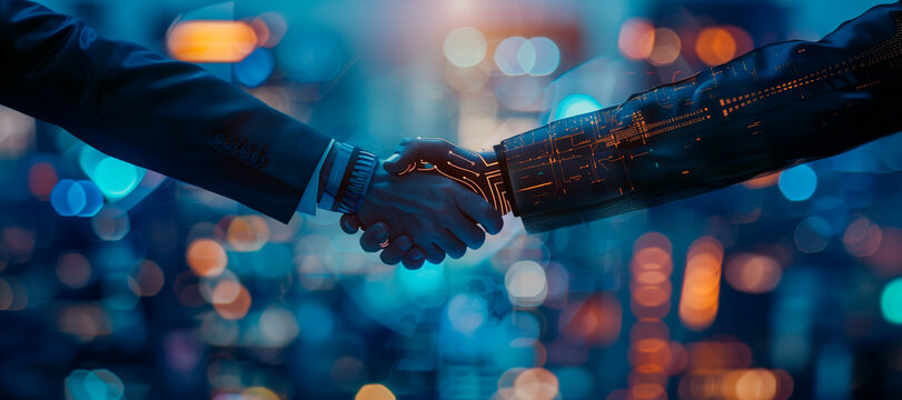 Two business people shaking hands with digital technology in the background, concept of AI and artificial intelligence. blurred blue orange light, futuristic city background