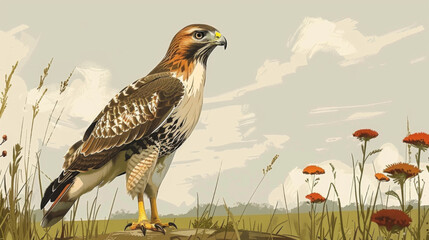 Obraz premium Illustration of a hawk perched in a natural habitat, surrounded by wildflowers and grass, highlighting its majestic presence.