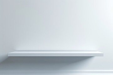 Minimalist floating shelf on clean white wall background, ideal for interior design, storage, and organization themes.