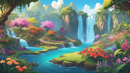 a beautiful paradise land full of flowers rivers and waterfalls a blooming and magical idyllic eden garden