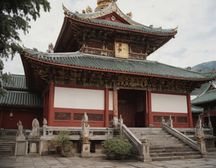 Obraz premium Un monastero tibetano con un piccolo santuario di pietra. 