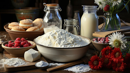 Home baking, with flour-dusted countertop and mixing bowls filled with ingredients for a homemade pastry on rustic kitchen