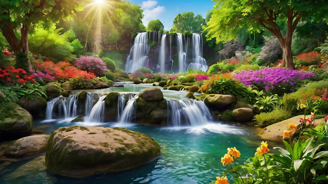 a beautiful paradise land full of flowers rivers and waterfalls a blooming and magical idyllic eden garden
