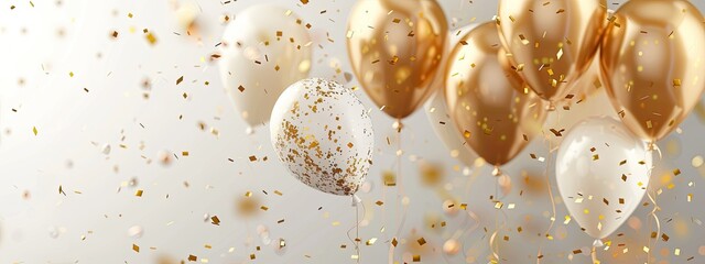 Celebration background with rainbow confetti and gold balloons ,golden party happy gold celebrate fun, Free space.