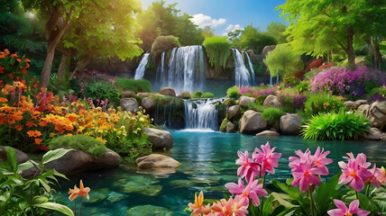 a beautiful paradise land full of flowers rivers and waterfalls a blooming and magical idyllic eden garden