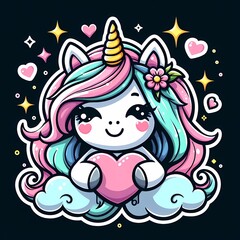 Naklejka premium Isolated sticker of unicorn with heart on black background