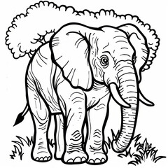 Obraz premium Black and white illustration of an elephant, designed as a coloring page for kids, featuring detailed lines and simple background.