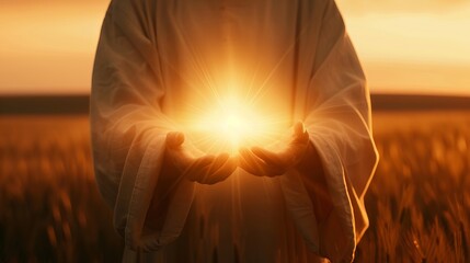 Serene scene of glowing light held in hands, signifying spirituality and hope, set against a warm, sunset backdrop in a field.