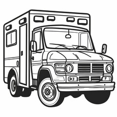 Line drawing of a vintage ambulance, focusing on its detailed features and classic design in black and white.
