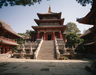 Un monastero buddista con monaci che meditano in una grotta.
