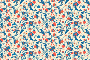 A classic seamless pattern featuring intricate floral and bird motifs, creating a traditional tile ornament perfect for timeless decoration and vintage-inspired designs.
