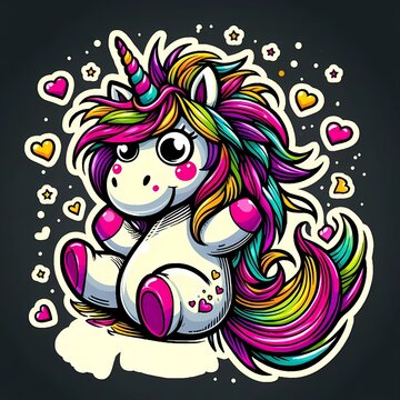 Isolated sticker of crazy unicorn on black background