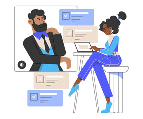 A woman is on a video call with her boss, using a laptop. The screen shows checklists and tasks, highlighting remote work and online meetings. modern telecommuting and digital communication. Vector.