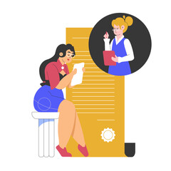 A woman reads a document while consulting with an online legal advisor displayed on a tablet. Virtual consultation, legal guidance, and digital collaboration. Online agreements and business contracts.