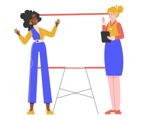 Two women engaging in a business presentation with a blank board. One holds a tablet, while the other explains. Teamwork, planning, project management, and professional collaboration.
