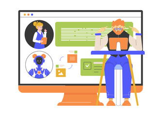 A student sits at a desk using a laptop for online learning. Behind him, a large monitor displays educational materials and online tutors, including a human tutor and an AI. Virtual classroom. Vector.
