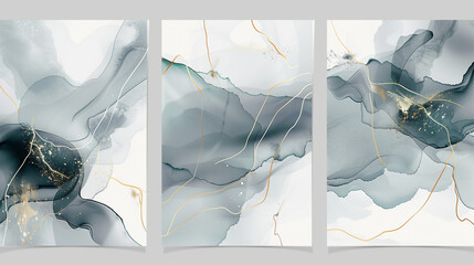 Elegant Abstract Triptych with Gray and Gold Accents on White Background
