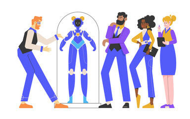 A man presents a robot to potential investors. Buyers are observing and evaluating the robot. The scene represents technology, innovation, and business investment. Tech presentations, startup pitches.