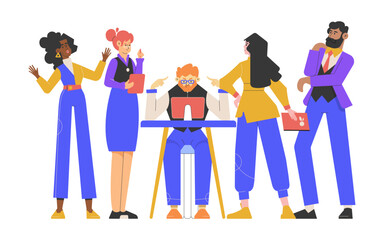 A diverse group of businesspeople is engaged in an animated discussion, brainstorming ideas for their startup. They are collaborating around a laptop, sharing strategies and planning for future growth