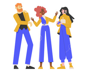 A diverse group of friends casually talking and interacting, reflecting a relaxed and informal atmosphere. Ideal for concepts related to casual meetings, socializing, and friendly interactions. Vector
