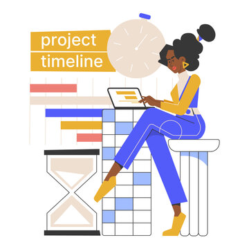 A businesswoman working on a project timeline using a laptop. time management, planning, and productivity in a professional setting.  Vector illustration.