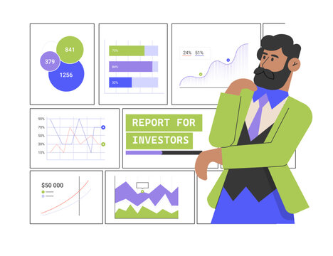 A businessman analyzing various charts and graphs on a report board for investors, showcasing financial data, growth statistics, and investment trends. Business presentations and investment analysis.
