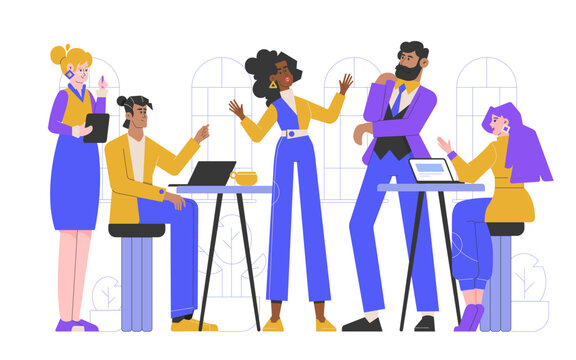 A diverse team in an office collaborates on a project, discussing ideas and strategies. They use laptops to enhance productivity and communication. The scene depicts a modern, dynamic workspace.