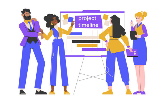 A team of professionals discusses a project timeline during a meeting. The group stands around a board displaying the timeline, emphasizing planning, collaboration, and strategic management.