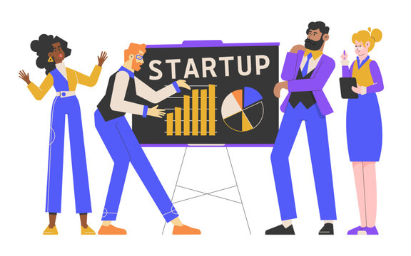 A diverse business team presenting a startup project with charts and graphs on a board. The team consists of professionals collaborating and discussing strategies for business growth and innovation.