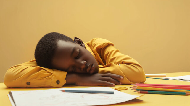 Young African American boy sleeping at table with colored pencils and drawing paper. Peaceful and serene moment of rest in creative environment