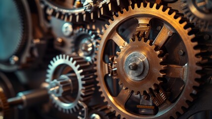 Close-up of Mechanism with Cogwheel and Gears Working Together