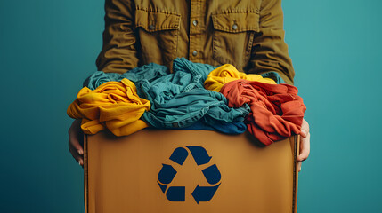 A person holding a box full of recyclable clothes, emphasizing sustainability and environmental consciousness. The image promotes the idea of recycling and reusing textiles, banner