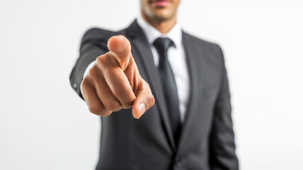 Businessman on white background pointing finger at viewer. Success, job candidate, and recruitment concept