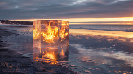 Crystal cube in flame on the beach background at sunset fire wallpaper