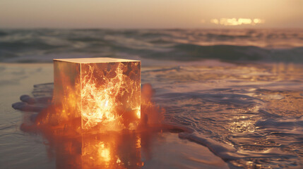 Crystal cube in flame on the beach background at sunset fire wallpaper